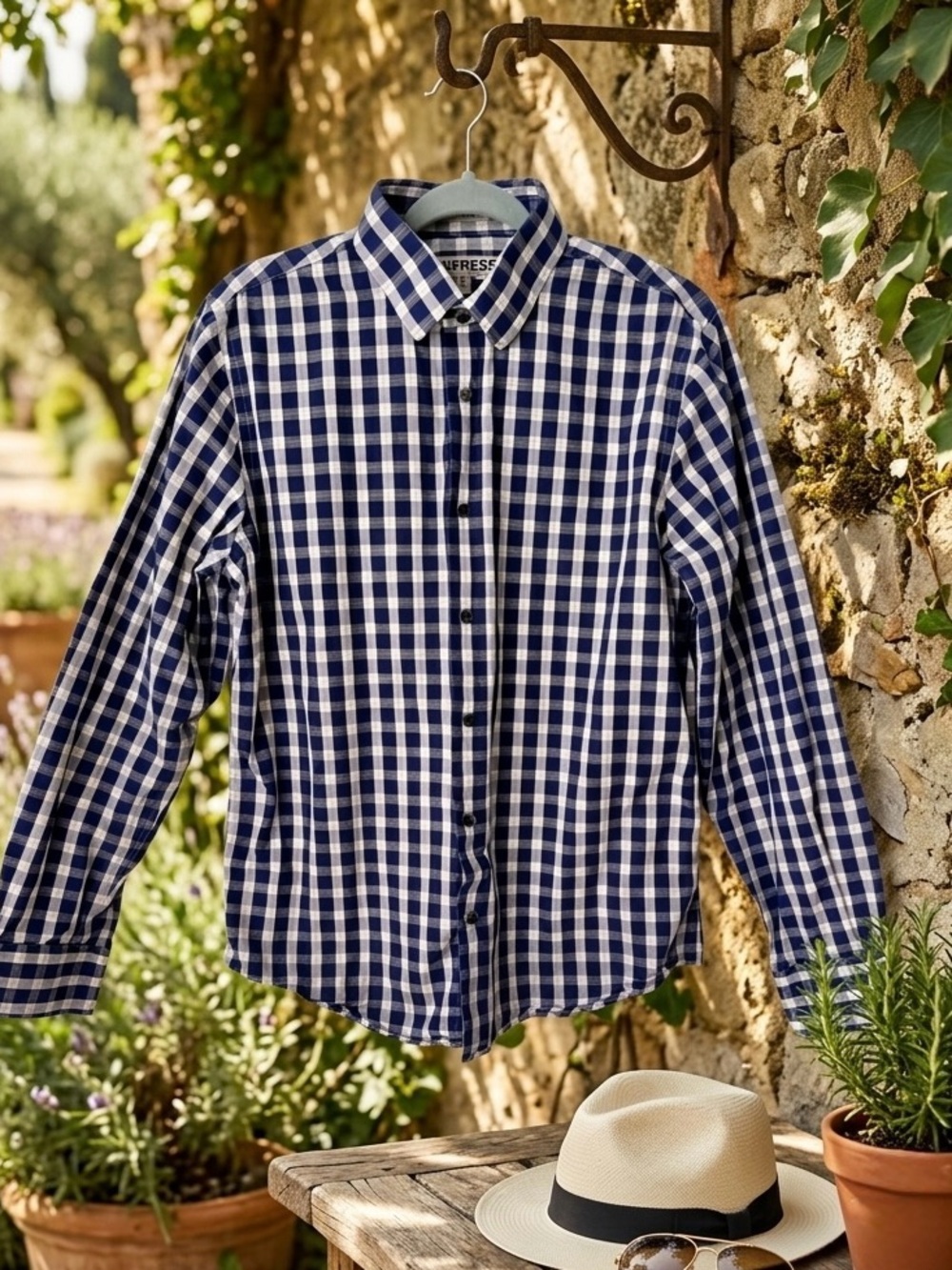 Express Men's Fitted Long Sleeve Button Up Shirt Blue White Gingham Plaid M